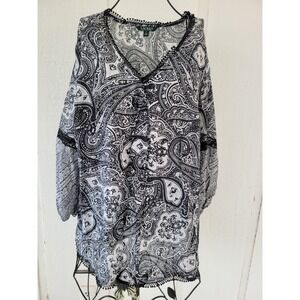 LRL Ralph Lauren 2X Tunic Top Paisley Shirt Black White BOHO Cotton Silk Blouse